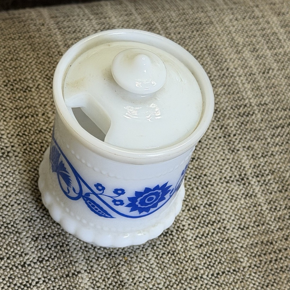 Hazel Atlas White Milk Glass Blue Sweet Pea Mustard Spice ApothecaryJars W/Lid - Picture 2 of 10